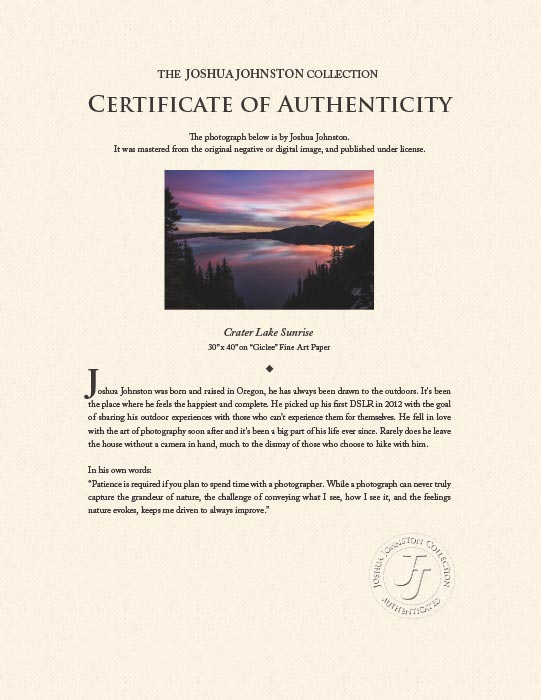 "Crater Lake Sunrise" by Joshua Johnston Photography-Artography Limited