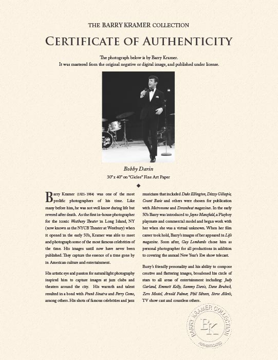 "Bobby Darin" by Barry Kramer Photography-Artography Limited