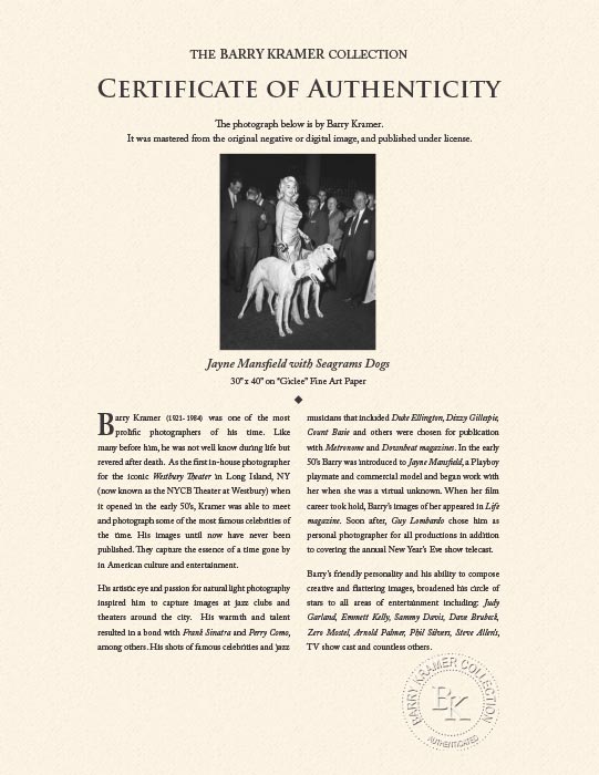 "Jayne Mansfield with Seagrams Dogs" by Barry Kramer Photography-Artography Limited