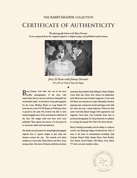 "Jerry and Dean with Jimmy Durante" by Barry Kramer Photography-Artography Limited