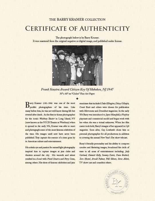 "Frank Sinatra Award Citizen Key of Hoboken, NJ 1947" by Barry Kramer Photography-Artography Limited