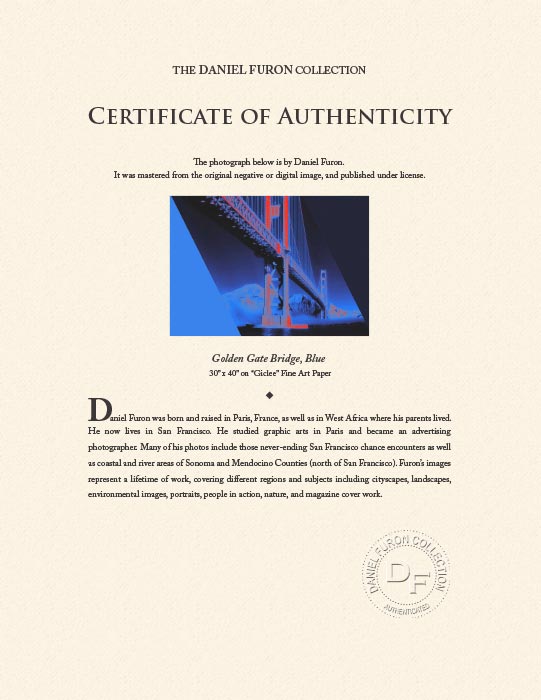 "Golden Gate Bridge, blue" by Daniel Furon Photography-Artography Limited