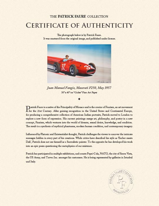 "Juan Manuel Fangio, Maserati F250, May 1957" by Patrick Faure-Artography Limited