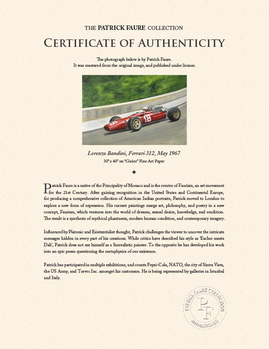 "Lorenzo Bandini, Ferrari 312, May 1967" by Patrick Faure-Artography Limited