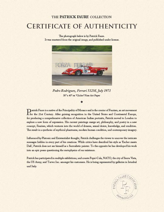 "Pedro Rodriguez, Ferrari 512M, July 1971" by Patrick Faure-Artography Limited